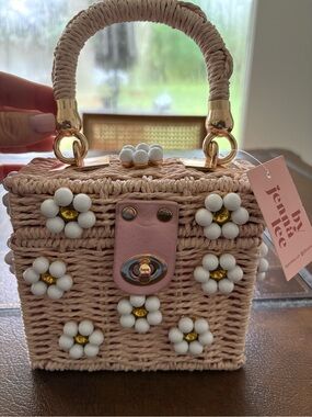 By Jenna Lee Pink Woven Raffia Daisy Box Bag Top Handle Purse NWT Chain Strap